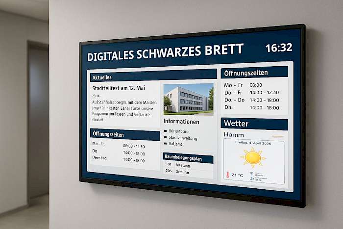 Digitales schwarzes Brett an einer Wand mit aktuellen Informationen, Öffnungszeiten und Raumbelegung