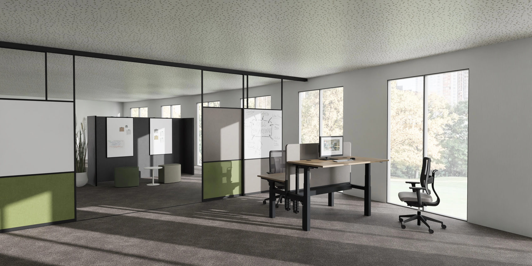 CEKA Arbeitswelt mit Styles Sitz-Steh-Tischen und FlexsWall zur Raumgliederung