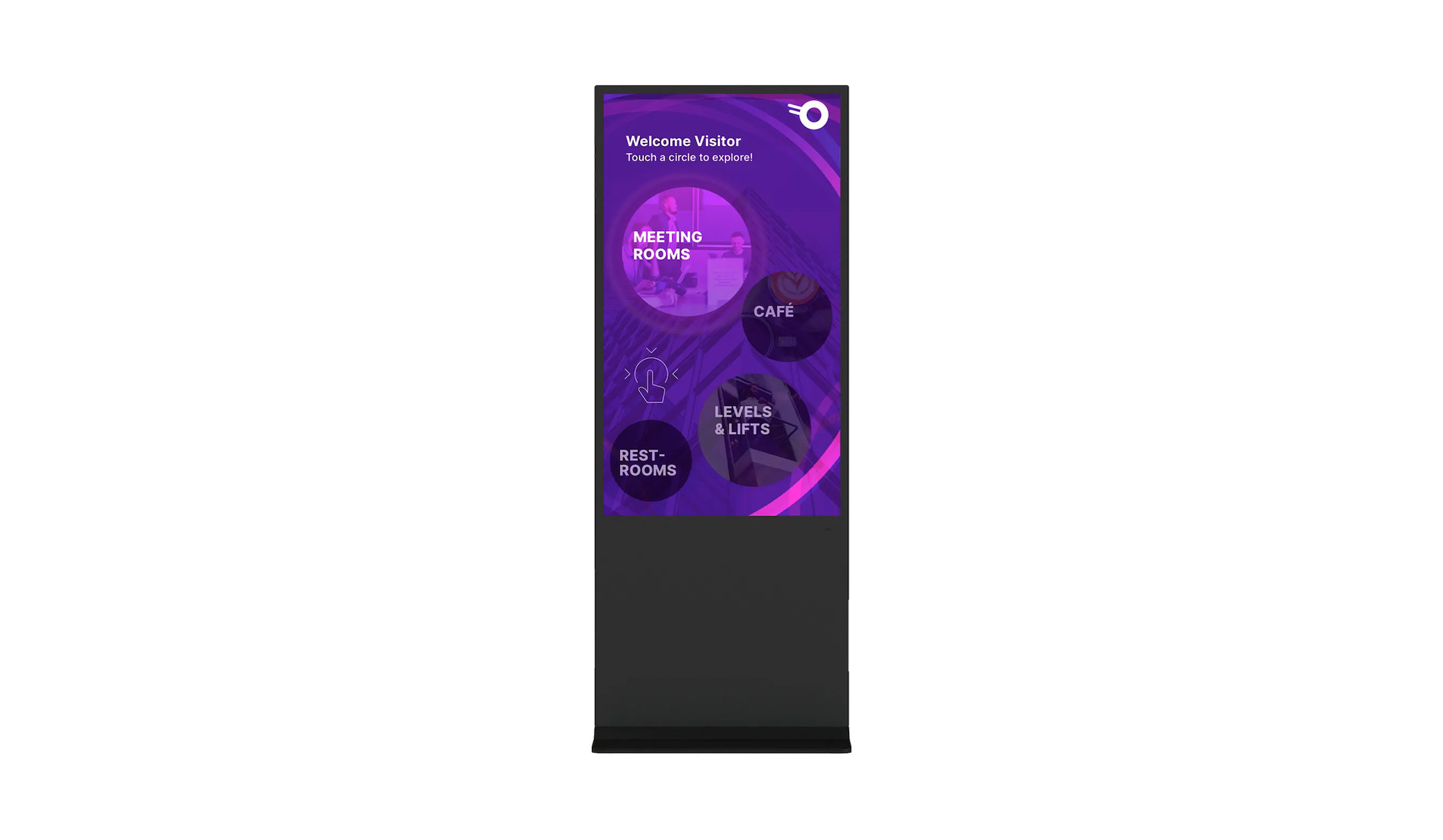 Clevertouch CL Touch Totem mit 65-Zoll-Touchdisplay und beispielhafter Besucherinformation