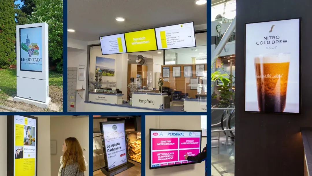 Collage mit Digital-Signage-Anwendungsbeispielen: Stele, Empfangsdisplays, Menüanzeigen und Mitarbeiterinformationen