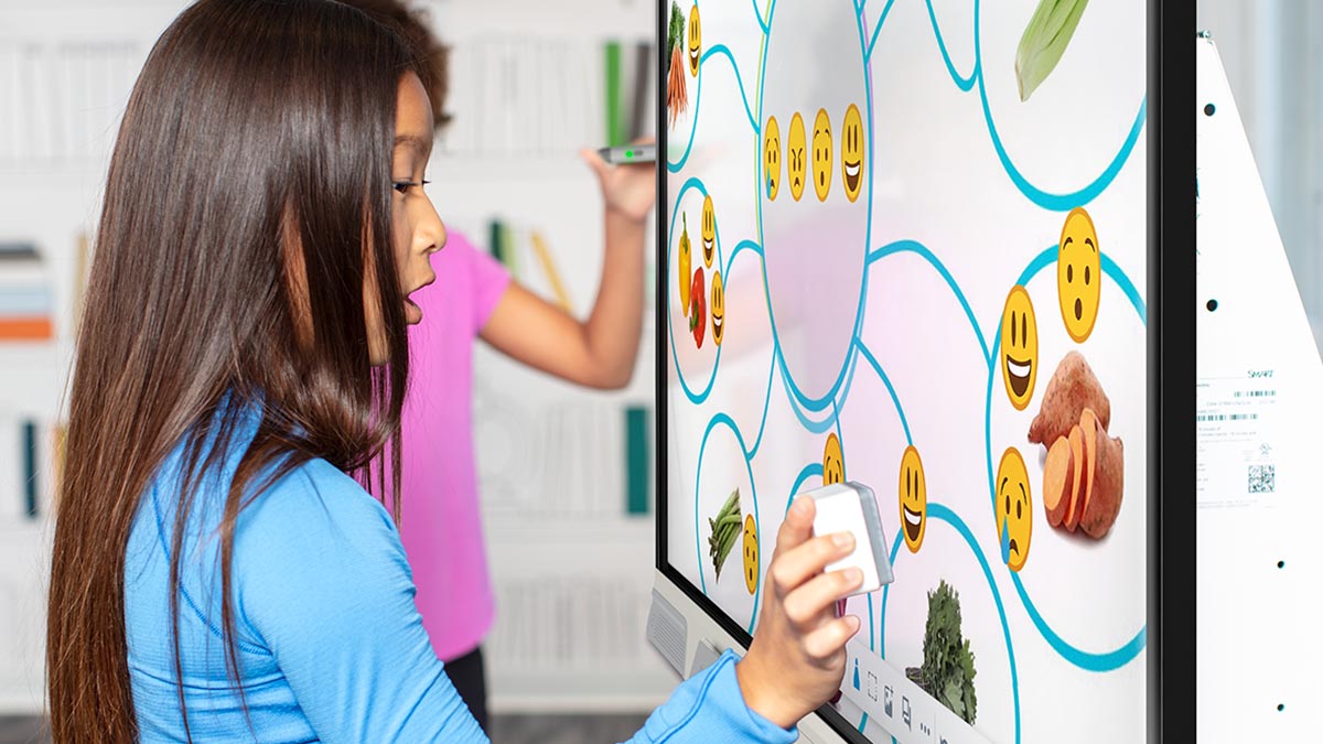 Schülerinnen arbeiten mit Tool-Explorer-Werkzeugen gemeinsam am SMART Board RX